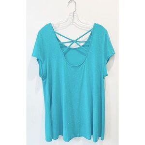 JENNIFER LOPEZ Sz XL Aqua Sparkle Strappy Short Sleeve Top